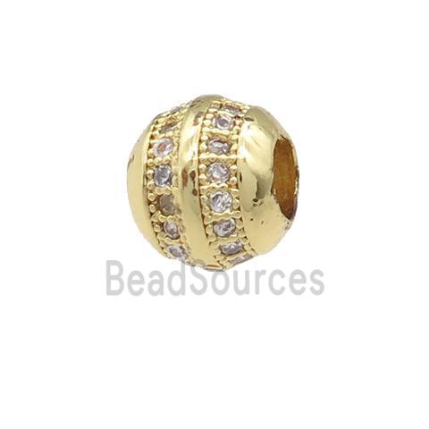 copper barrel beads pave zircon, large hole, gold plated