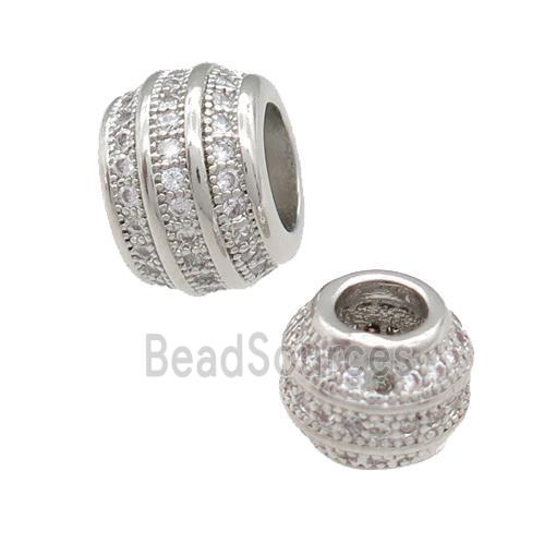 copper barrel beads pave zircon, large hole, platinum plated