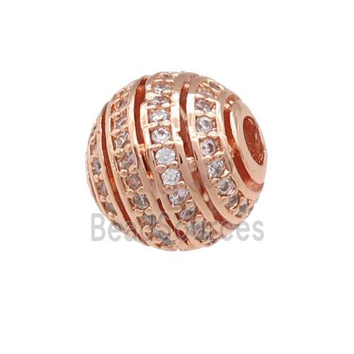 copper round beads pave zircon, large hole, hollow, rose gold