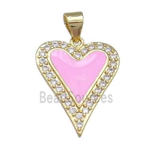 copper heart pendant pave zircon, pink enamel, gold plated