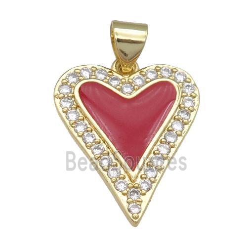 copper heart pendant pave zircon, red enamel, gold plated