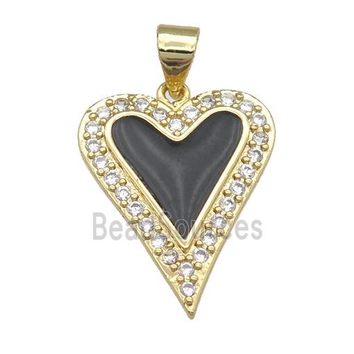 copper heart pendant pave zircon, black enamel, gold plated