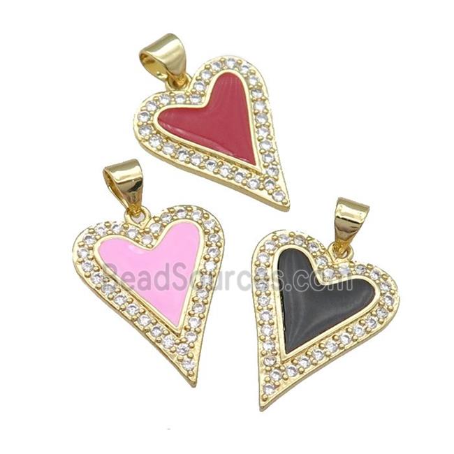 copper heart pendant pave zircon, enamel, gold plated, mixed