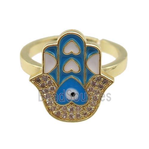 copper Ring pave zircon with blue enamel hamsahand, gold plated