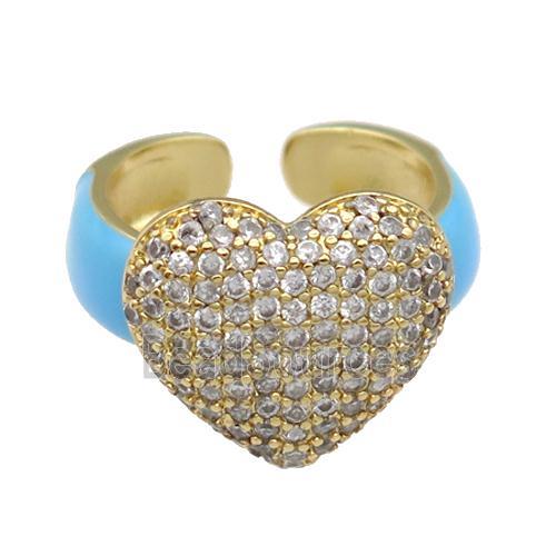 copper Ring paved zircon with teal enamel, heart, gold plated