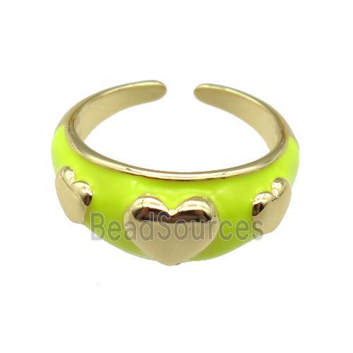 copper Ring with yellow enamel, heart, gold plated