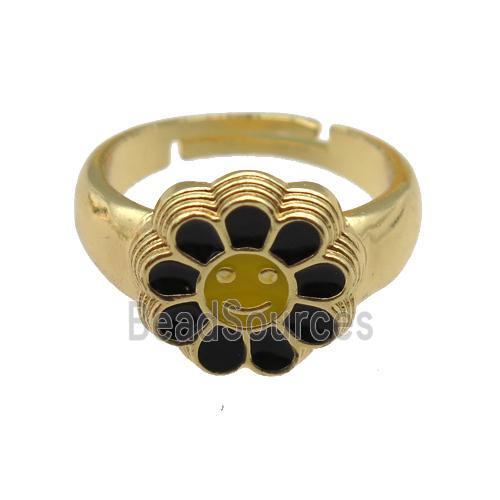 copper Ring with black enamel daisy, adjustable, gold plated