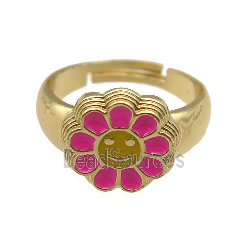 copper Ring with hotpink enamel daisy, adjustable, gold plated