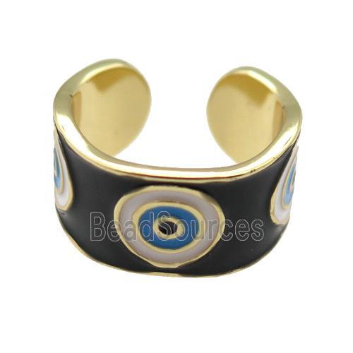 copper Ring with black enamel, evil eye, gold plated