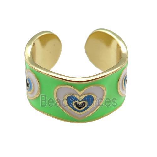 copper Ring with green enamel, heart, gold plated