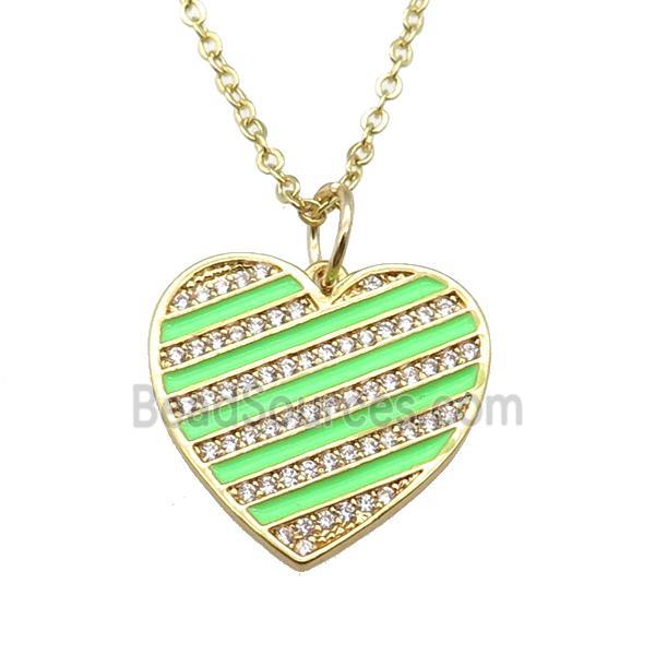 copper Necklace with green enamel heart, gold plated