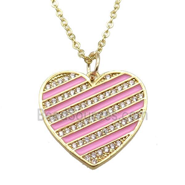 copper Necklace with pink enamel heart, gold plated