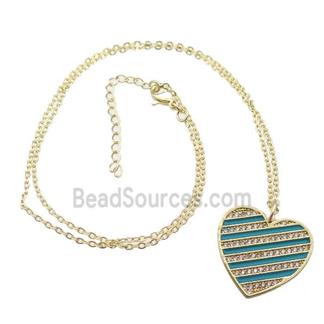 copper Necklace with teal enamel heart, gold plated