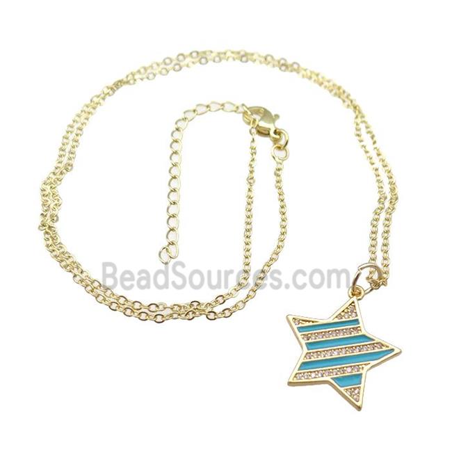 copper Necklace with teal enamel star, gold plated