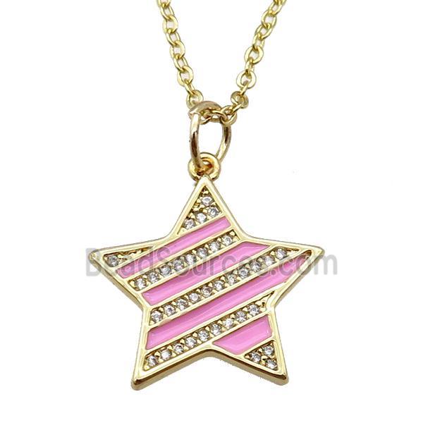 copper Necklace with pink enamel star, gold plated