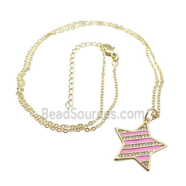 copper Necklace with pink enamel star, gold plated