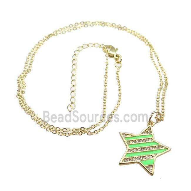 copper Necklace with green enamel star, gold plated