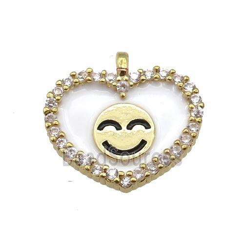 copper Heart pendant paved zircon with white enamel, happiness face, gold plated