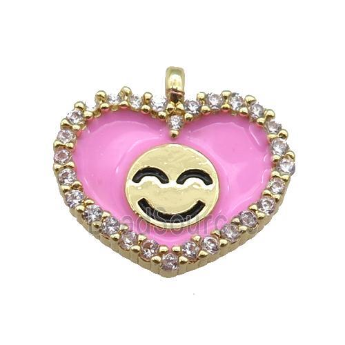 copper Heart pendant paved zircon with pink enamel, happiness face, gold plated