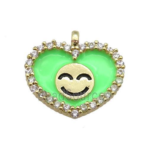 copper Heart pendant paved zircon with green enamel, happiness face, gold plated