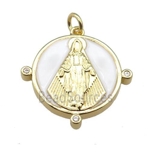 copper Pendant with Virgin Mary, white enamel, gold plated