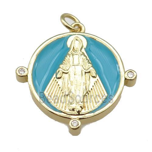 copper Pendant with Virgin Mary, teal enamel, gold plated