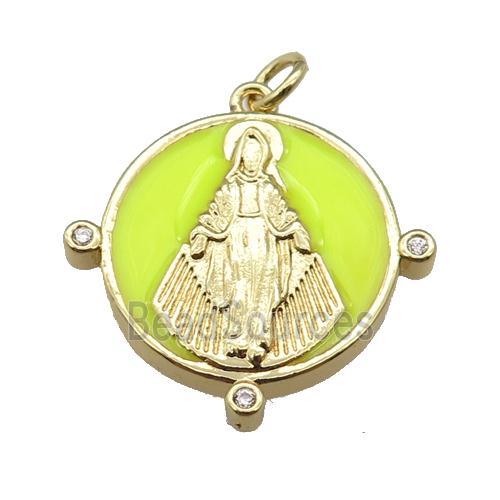 copper Pendant with Virgin Mary, yellow enamel, gold plated