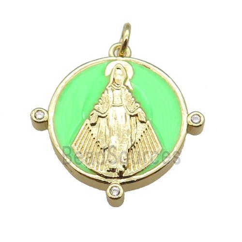 copper Pendant with Virgin Mary, green enamel, gold plated