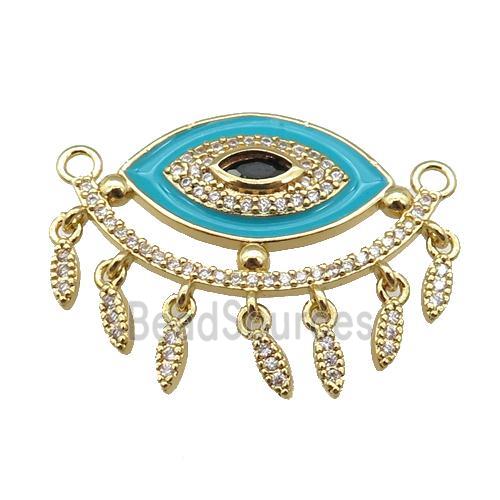 copper Evil Eye pendant paved zircon with teal enamel, gold plated