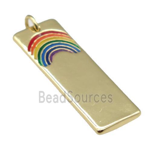 copper Rectangle pendant with rainbow enamel, gold plated