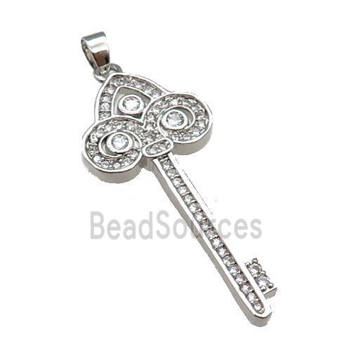 copper Key pendant paved zircon, platinum plated