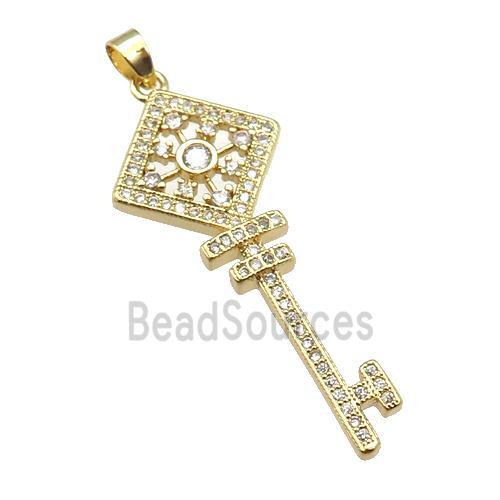 copper Key pendant paved zircon, gold plated