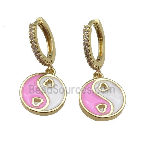 copper Hoop Earrings with pink enamel Taichi, yinyang, gold plated