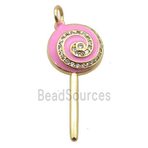 copper Lollipop pendant paved zircon with pink enamel, gold plated