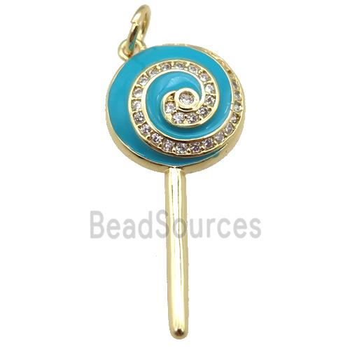 copper Lollipop pendant paved zircon with teal enamel, gold plated