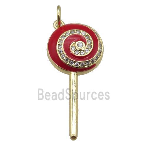 copper Lollipop pendant paved zircon with red enamel, gold plated