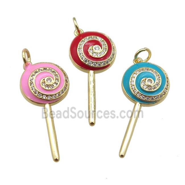 copper Lollipop pendant paved zircon with enamel, gold plated, mixed