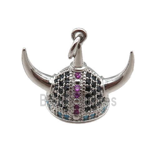 copper Viking Helmet pendant paved zircon, Hat Gothic Norse, platinum plated