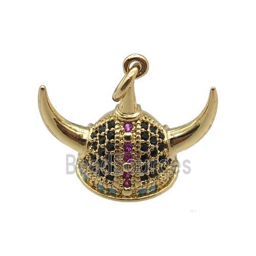 copper Viking Helmet pendant paved zircon, Hat Gothic Norse, gold plated