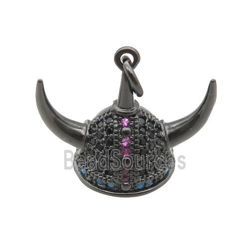 copper Viking Helmet pendant paved zircon, Hat Gothic Norse, black plated