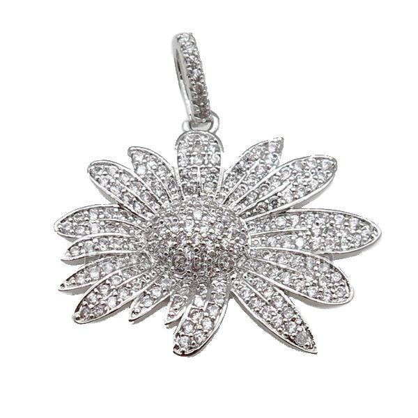 copper Daisy Flower pendant paved zircon, platinum plated