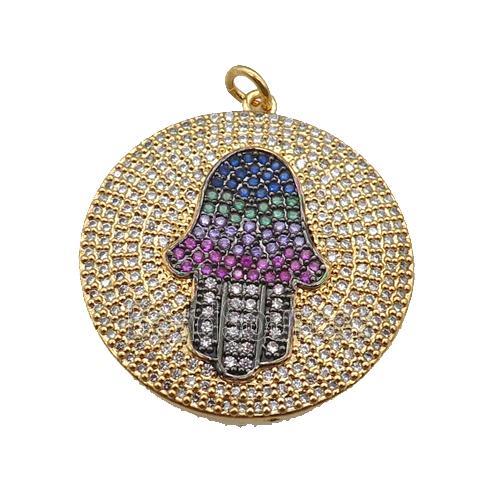 copper Hamsahand pendant paved zircon, gold plated