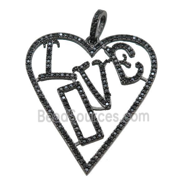 copper Heart pendant paved zircon, LOVE, black plated