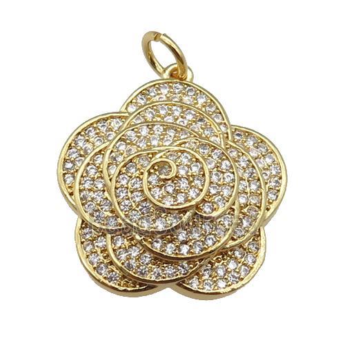 copper Flower pendant paved zircon, gold plated