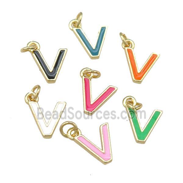 copper Letter-V pendant with enamel, mixed, gold plated