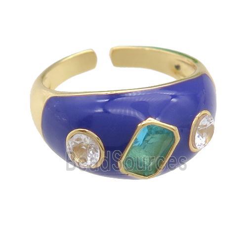 copper Rings paved zircon with purple enamel, gold plated