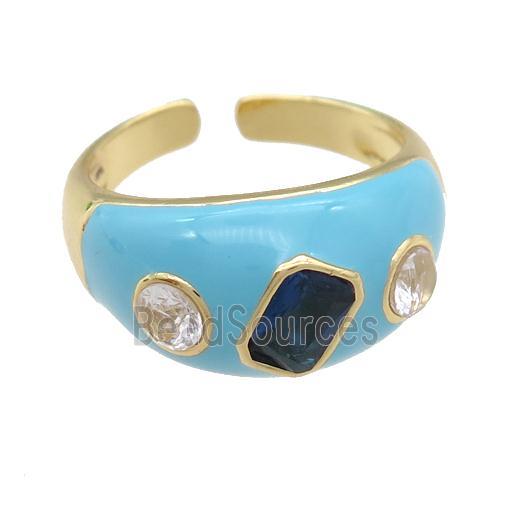 copper Rings paved zircon with lt.blue enamel, gold plated