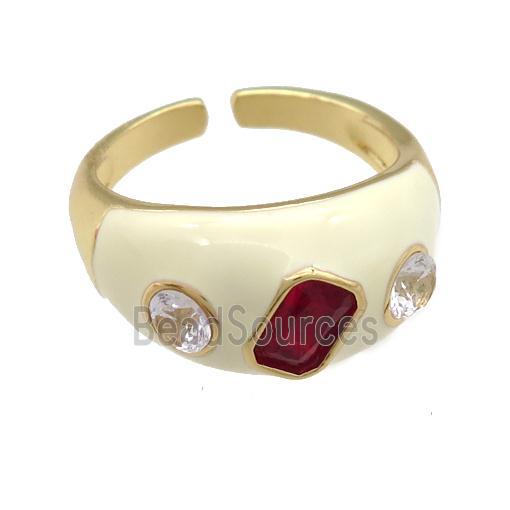 copper Rings paved zircon with white enamel, gold plated