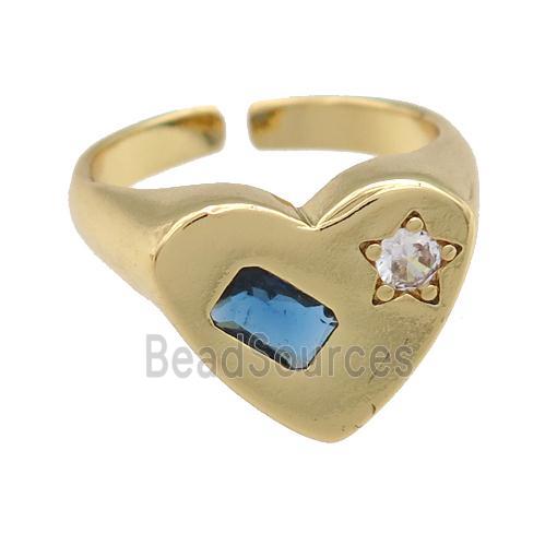 copper Heart Ring paved blue zircon, gold plated