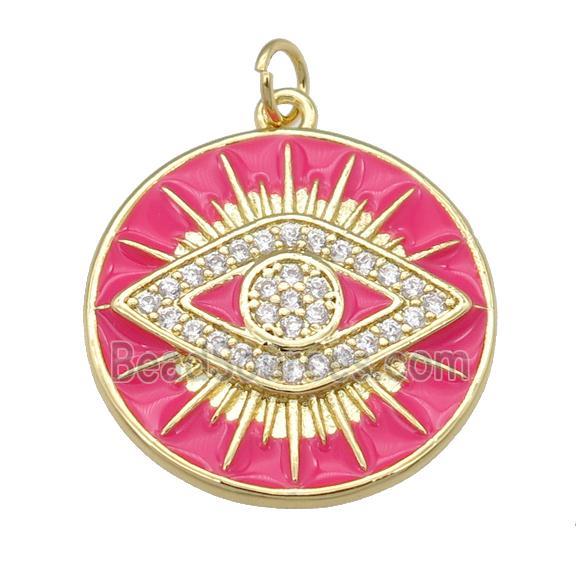 copper Circle Eye pendant paved zircon with hotpink enamel, gold plated